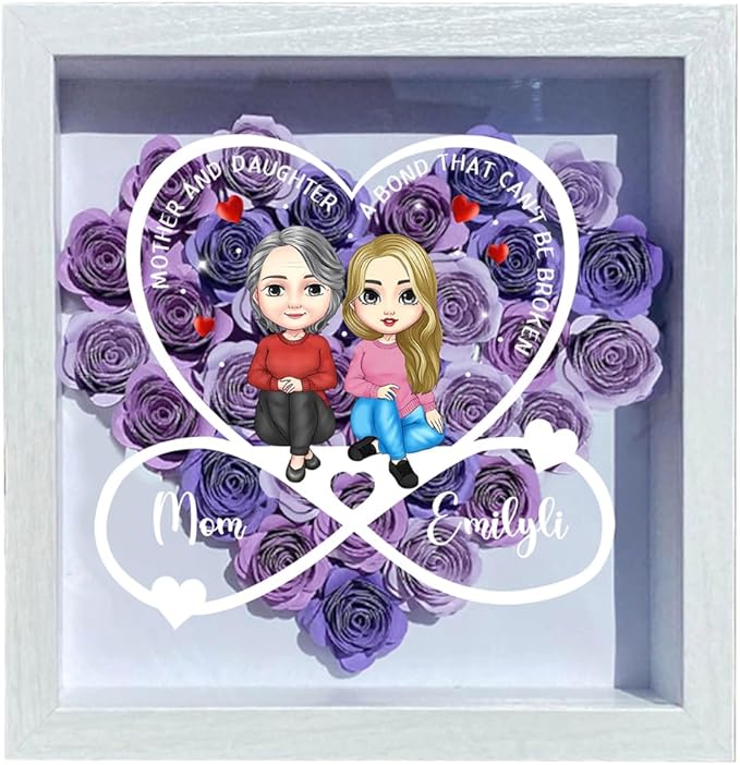 Personalized Mom Flower Shadow Box Custom Heart Shaped Rose Flower Shadow Box Frame Mother and Daughter A Bond That Can't Be Broken Mother's Day Portrait Shadowbox Memory Gifts for Mom from Daughter
