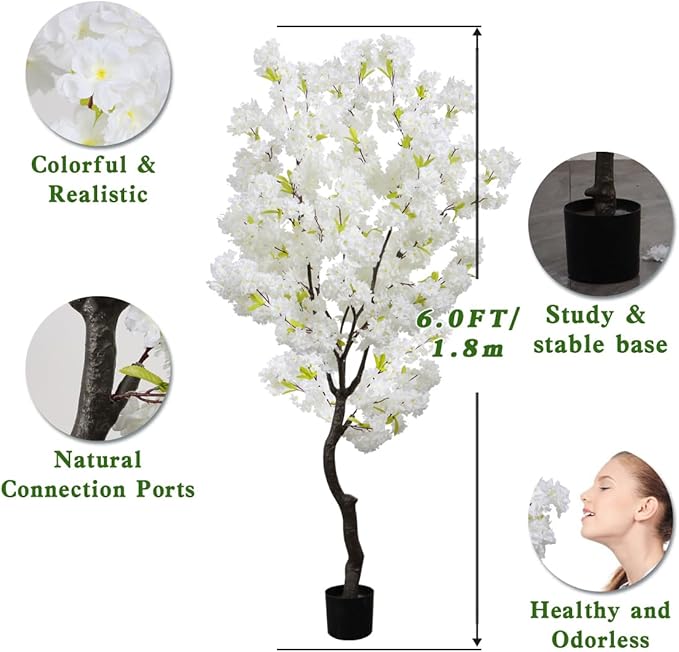 Artificial Cherry Blossom Tree White Flower Faux Tree Indoor Cherry Blossom Tree 6 FT Room Decor Gift
