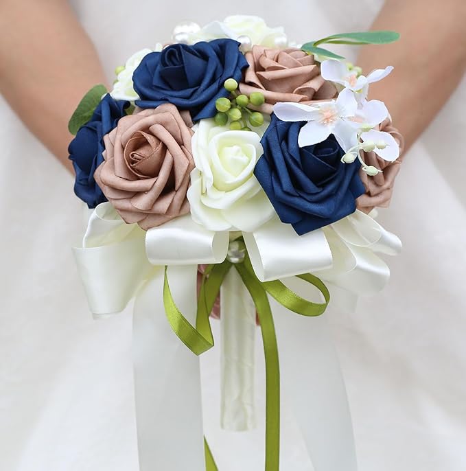 Lightweight Bridal Wedding Bouquet Round Holding Bouquet Throw Toss Artificial Rose Flower Bunch for Bride Bridesmaid Wedding Quinceanera (Cream, Navy & Rosy Brown, 9.1")