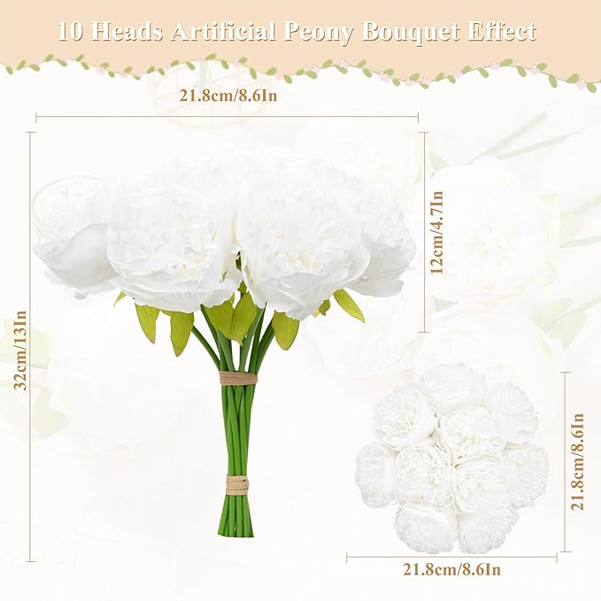 U'Artlines Artificial Peony Silk Flower with Stems 10pcs Real Look Vintage Peonies for Home Wedding Decoration(Pure White)