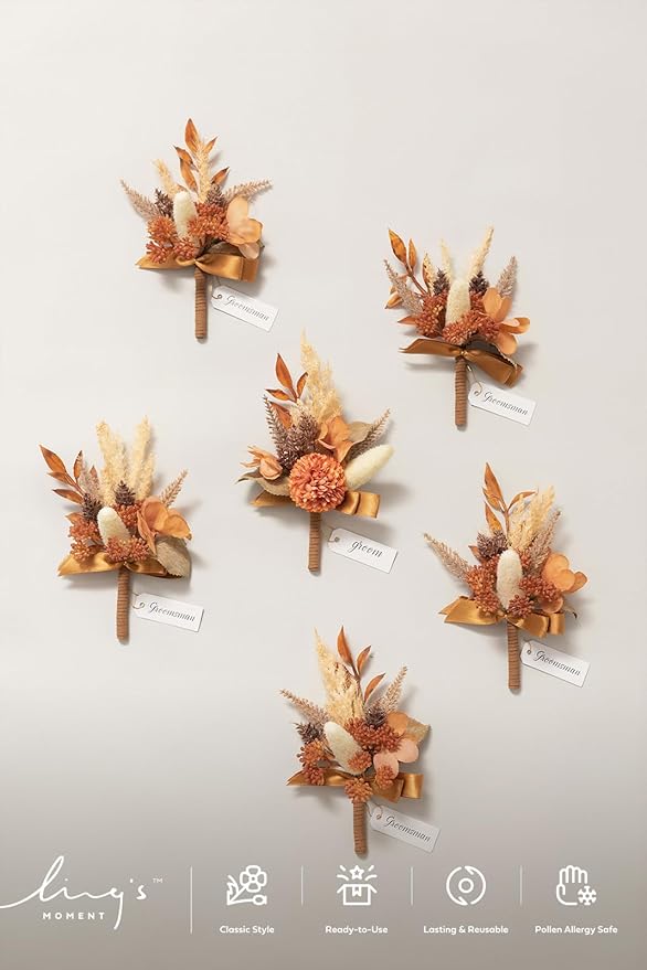 Ling's moment Boutonniere for Men, 6pcs Groom Groomsmen Boutonniere, Artificial Flowers for Wedding Decor/Prom/Homecoming, etc.Rust Boho Terracotta