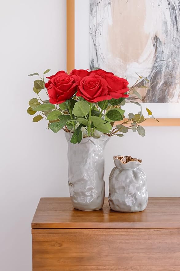 Artificial Rose Flower Red Flowers Red Rose Flowers Silk Flowers 12 pcs with Long Stem Silk Roses Bouquet for Wedding Bridal Shower Party Home Decoration