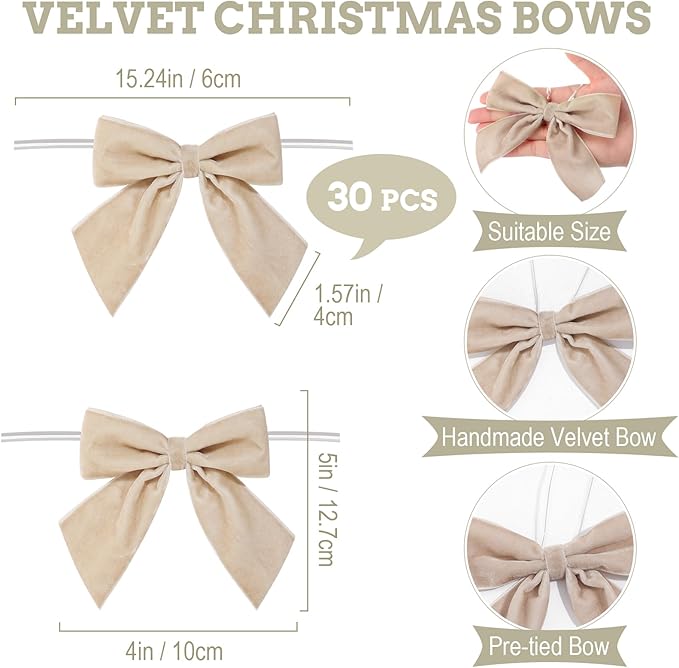 30 Pcs Velvet Ribbon Bows 5" x 4" Pre Tied Christmas Velvet Bows with Twist Tie for Gift Packaging Christmas Tree Wreaths Door Windows Wedding Party Decoration(Coffee)