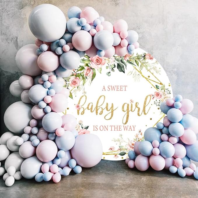 Baby Shower Round Backdrop Cover - 7.2ft Pink Floral Girls Party Decor Circle Background Flowers Green Leaves