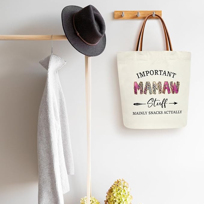 Canvas Tote Bag for Women, Important Stuff Bag with Leather Handle, Reusable Grocery Bags for Shopping Beach Travel