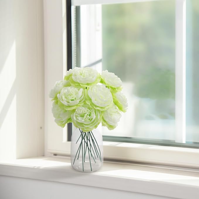 12 PCS Artificial Silk Green Peony Flowers with Stems - 8 Inch Fake Peony Bouquet for Wedding, Home Decor, Office Table, Festival Gifts