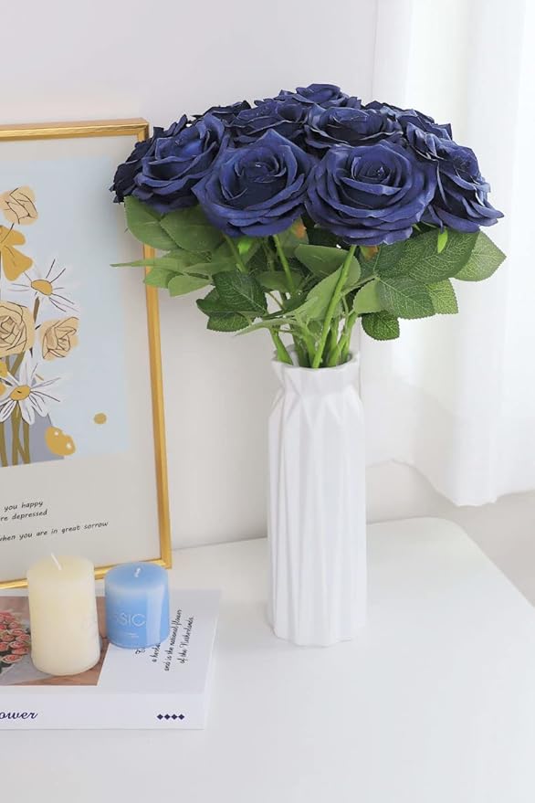 Artificial Rose Flower Navy Blue Flowers Navy Blue Roses Silk Flowers 50 pcs with Long Stem Silk Roses Bouquet for Wedding Bridal Shower Party Home Decoration