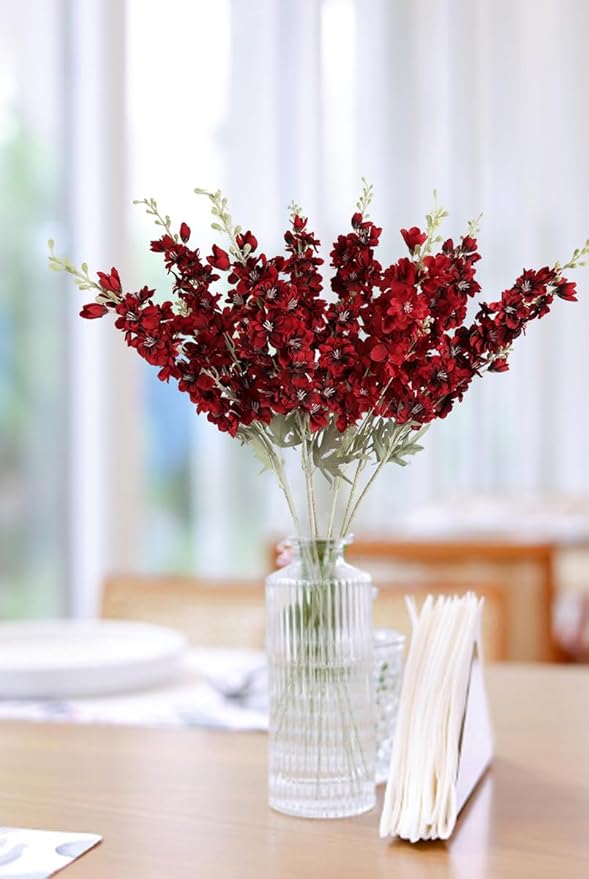 8pcs Red Delphinium Artificial Flowers 33.5in Long Stem Larkspur Fake Silk Flowers for Tall Vase Faux Flowers for Home Wedding Baby Shower Floral Arrangement Centerpiece Table Decor (Dark Red)