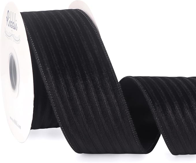 Ribbli Glossy Black Velvet Wired Ribbon 2.5 Inch Striped Velvet Christmas Ribbon for Gift Wrapping Christmas Tree Decoration Crafts Wreaths Supplies-Continuous 10 Yards