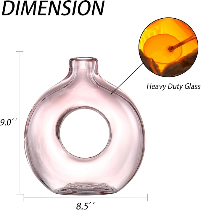 Glass Vase, Donut Vase, Pink Glass Vase, Flower Vase, Decorative Vase, Modern Vase, Round Glass Vase for Home, Living Room, Dining Table, Entryway, Mantle, Shelf, Wedding, Office, Coffee Table