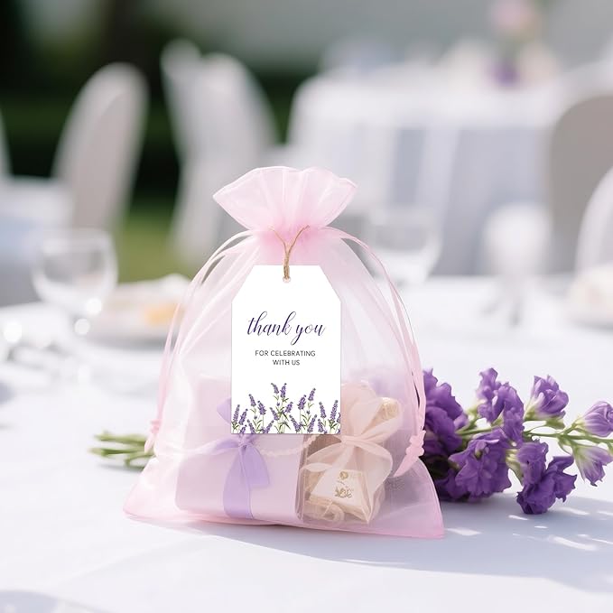 G2PLUS 50Pcs Lavender Thank You Tags - Floral Gift Tags with String, Thank You for Celebrating with Us Tag, White Paper Party Favors Hangtag for Wedding, Baby Shower, Bridal Shower, Birthday