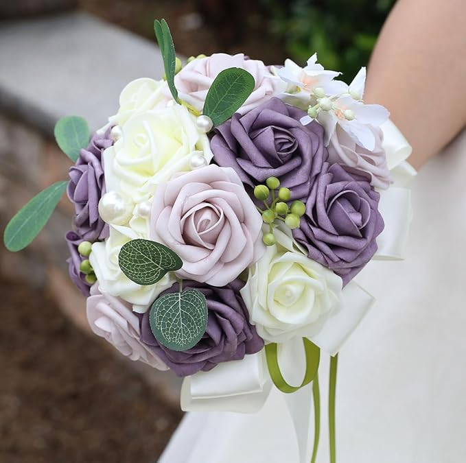Lightweight Bridal Wedding Bouquet Round Holding Bouquet Throw Toss Artificial Rose Flower Bunch for Bride Bridesmaid Wedding Quinceanera (Cream, Deep Taro & Light Taro, 9.1")