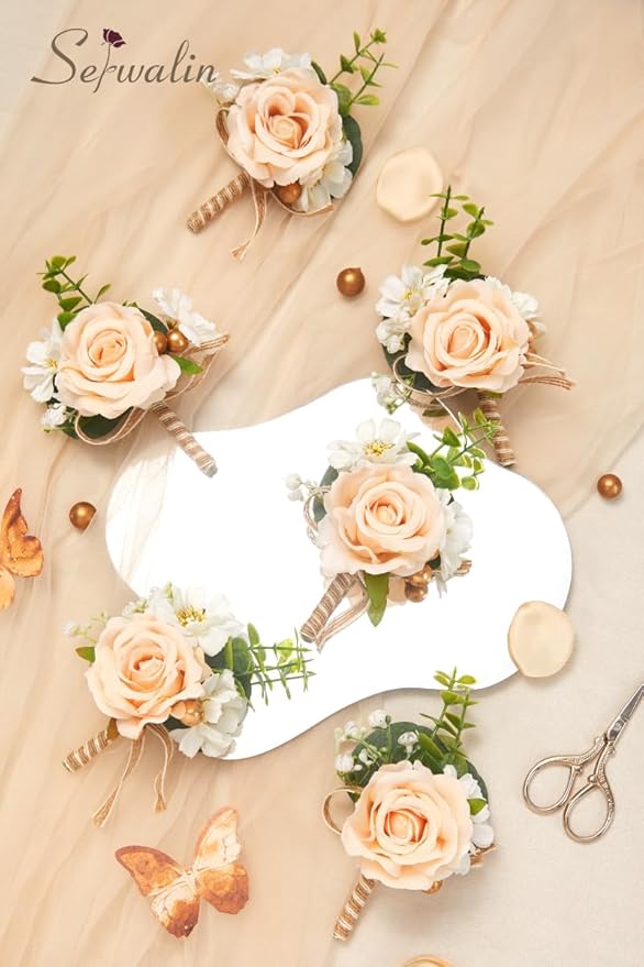 Serwalin 6PCS Champagne Rose Boutonniere for Men Wedding Groom Groomsmen Best Man Boutonniere for Wedding Ceremony Anniversary Prom Flowers Formal Dinner Party