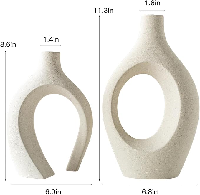 XL Cream White Snuggle Hollow Ceramic Vase of 2 for Coffee Table Decor, Modern Minimalist Aesthetic Donut Floral Vases, for Home Living Room Entryway Table Shelves Decorative (W 6.8" X H 11")