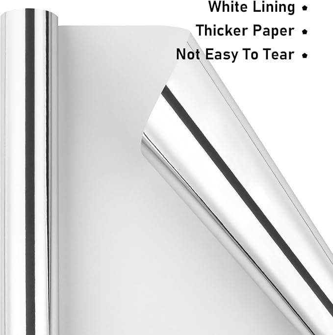 NESCCI Silvery Metallic Wrapping Paper, Solid Color Paper-2 Roll,17 Inches X 32.8 Feet Per Roll,Gift Wrapping Paper,Perfect for Wedding,Valentine's Day, Birthday,Baby Shower,DIY Bouquet