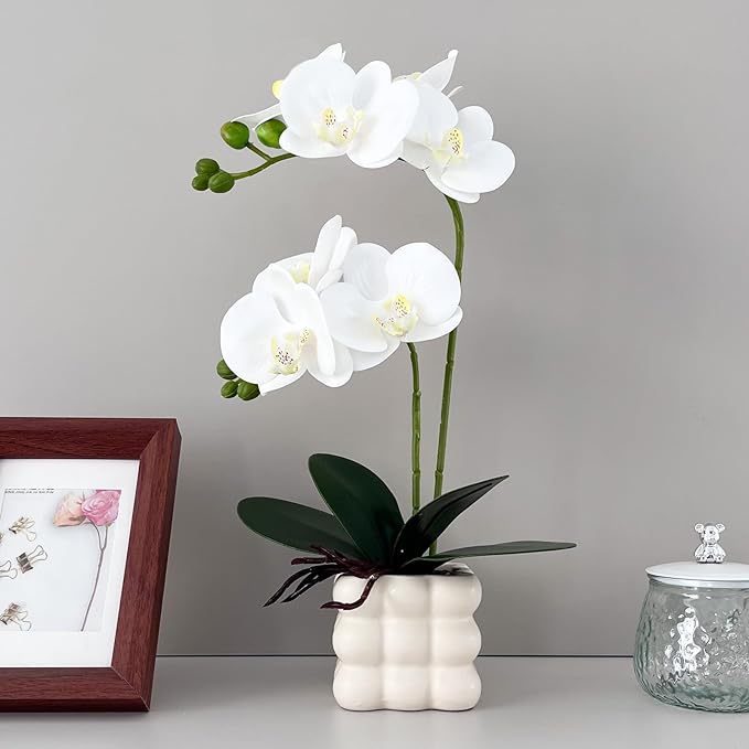 Artificial White Orchid Flower Plant, 14 inches Tall, Home Decor Orchid Artificial Flowers (White-1)