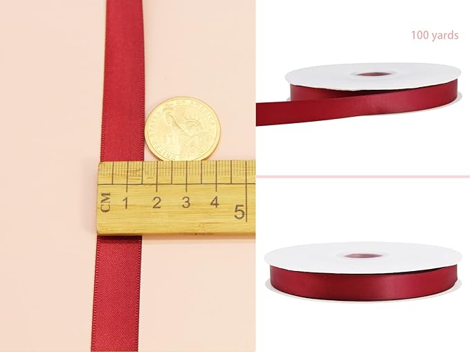 Maroon Double Faced Satin Ribbon 5/8 inch Flower Boutique Gift Wrapping Ribbon 15mm 100yards Continuous Fabric Silk Bow Ribbon for Christmas-DIY Crafts Hair Headband-Sewing-Wedding Decoration