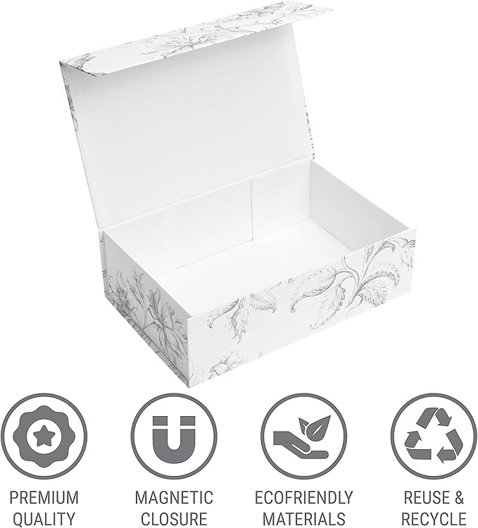 Luxury Keepsake Gift Box | Silver Floral Decorative Boxes with Magnetic Lids for Presents, Wedding Memory Box, and Bridal Gifts. 11.5" x 7.5" x 3.5"