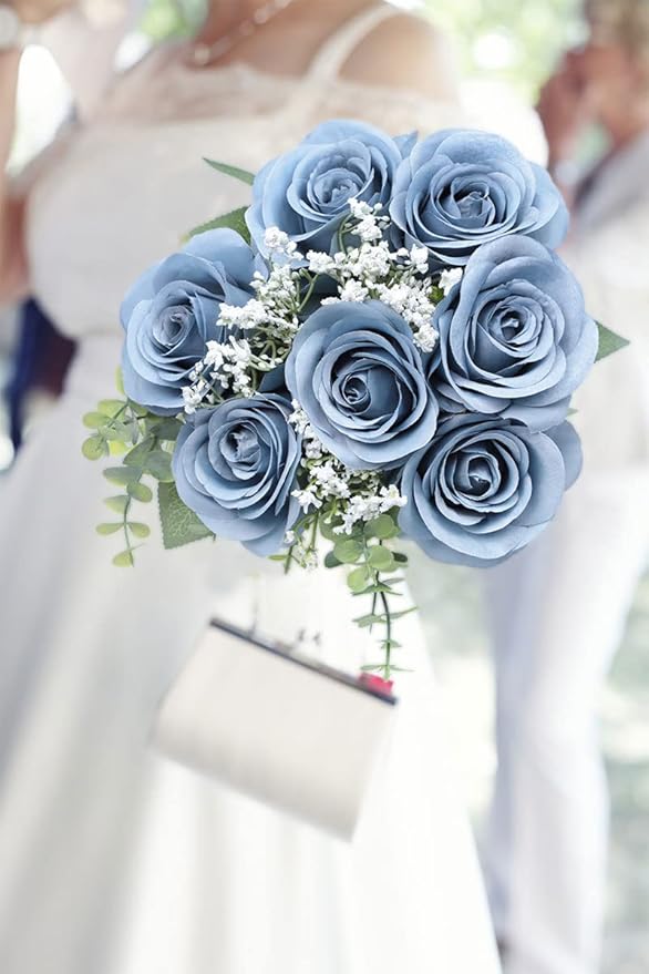 Artificial Rose Flower Artificial Flowers Flower with Long Stem Silk Roses Bouquet for Wedding Bridal Shower Party Home Decoration (Dusty Blue, 12 Pcs)