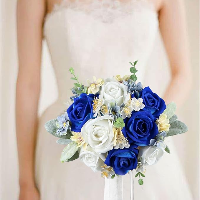 Rinlong 7“ Blue Wedding Bouquet for Bride Bridesmaid Artificial Toss Bouquet Royal Navy Blue Silk Bridal Bouquet Wedding Prom Bouquets