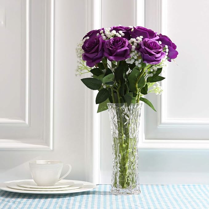 Nubry Artificial Silk Rose Flower Bouquet Lifelike Fake Rose for Wedding Home Party Decoration Event Gift 10pcs (Purple)