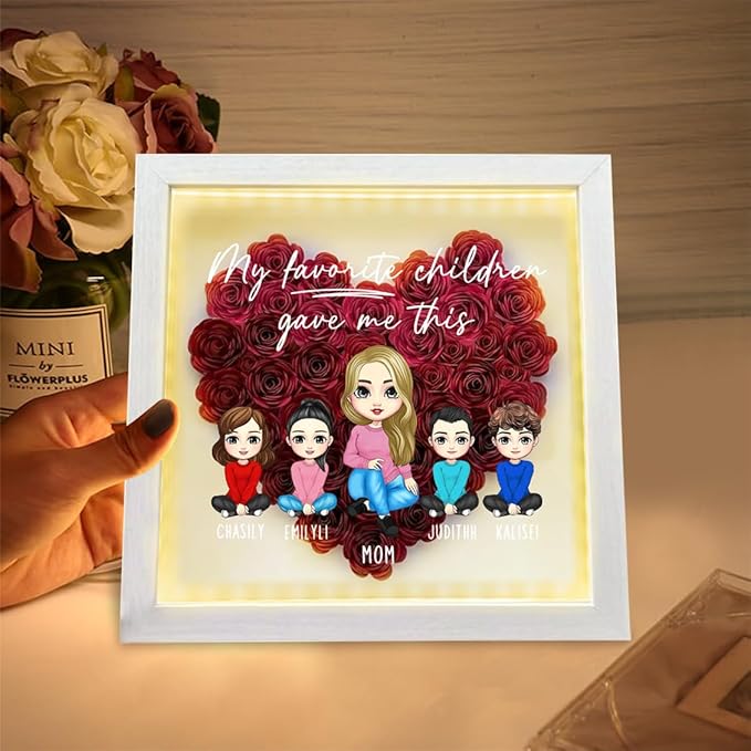 Personalized Mom Flower Shadow Box with LED Light Custom Heart Shaped Rose Flower Shadow Box Frame Like Mother Like Daughter Mother's Day Portrait Shadowbox Memory Gifts for Mom from Daughter