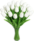 White Faux Tulips (20 Pcs) - Premium PU Artificial Flowers for Christmas & Thanksgiving Table Setting, Winter DIY Home Decor - 13.5" Real Touch