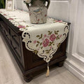Embroidered Table Runner with Rose Pattern, Cutwork Design, 16x79 inches