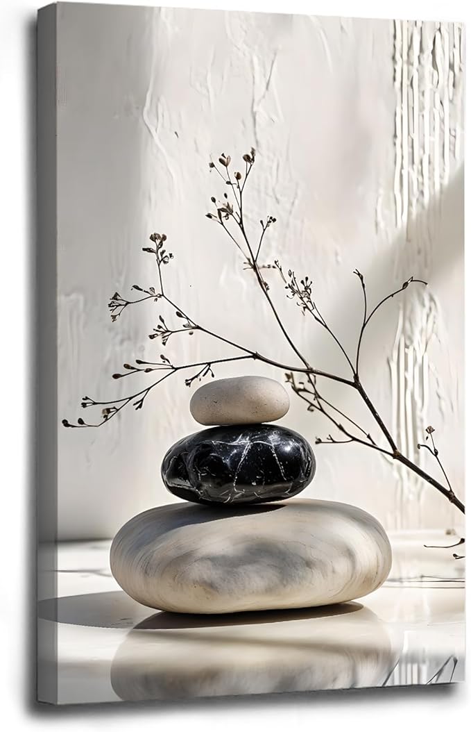 Gray and black stone pile and dried flowers poster canvas wall art in harmony Minimalist wall art for tranquil homes and mindful spaces 28x40in Wood Framed