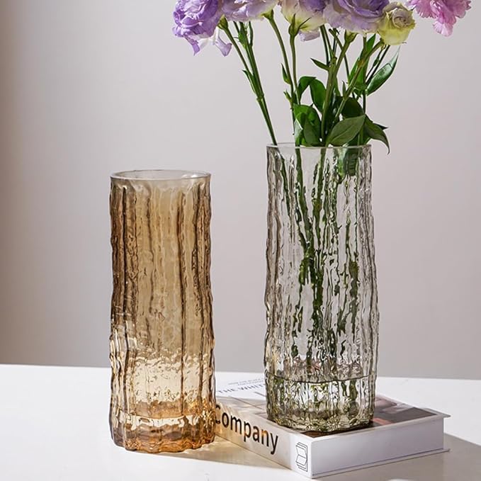 Clear Glass Vase Cylinder 7" Ribbed Thickened Flower Vase Crystal Vase for Modern Centerpieces Home Decor Living Room Bedroom Dining Table Office Wedding Decoration Gift (Amber)
