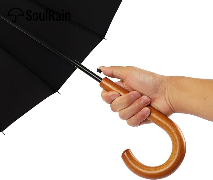 SoulRain 16 Ribs 48" Stick Umbrella Auto Open Solid Color Fashionable and Simple，Arc Classic Wood Handle，Windproof Unbreakable Stick Rain Umbrella