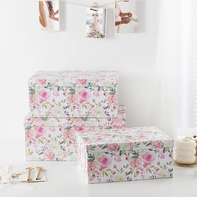 Soul & Lane Decorative Storage Cardboard Boxes with Lids | Summer Rose - Set of 3 | Floral Paperboard Nesting Boxes
