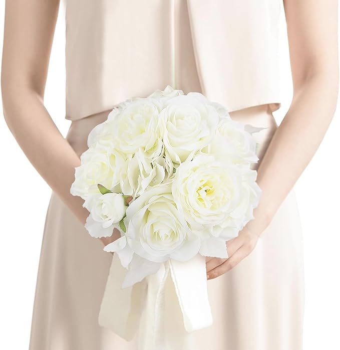 Rinlong 8.2 Inch Wedding Bouquets for Bridesmaids Bride White Rose Artificial Flowers Bridesmaids Bridal Bouquet for Wedding Prom