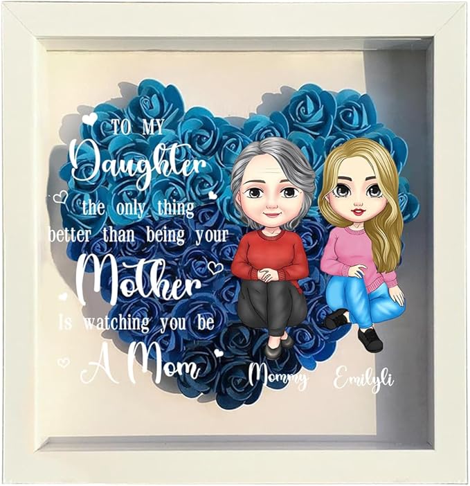 Personalized Mom Flower Shadow Box Custom Heart Shaped Rose Flower Shadow Box Frame To My Daughter Mother's Day Portrait Shadowbox Memory Gifts for Mom from Daughter Christmas Birthday