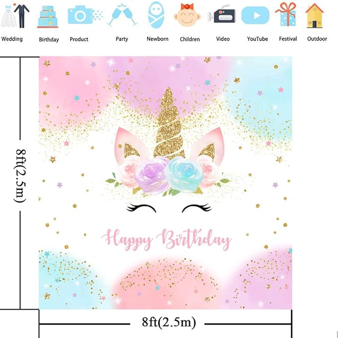 Mocsicka Unicorn Birthday Decorations Unicorn Backdrop for Girls Birthday Party 8x8ft Pastel Rainbow Unicorn Glitter Stars Dots Happy Birthday Banner Photo Booth Props