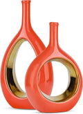 Orange and Gold Vase Ceramic Orange Vases Home Decor,Modern Minimalist Circle with Hole Decorative Vase, Hollow Ellipse Flower vases for Bookshelf, Fireplace Mantle,Centerpieces,Farmhouse,Rustic Décor