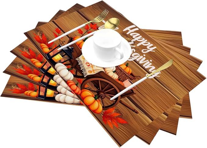 PVC Placemats Set of 6 Wipeable Table Mats Washable Heat Resistant Non Slip Vinyl Dining Table Mat for Kitchen Indoor Outdoor Patio Farmhouse Place Mats Thanksgiving Pumpkin Cart Decorative