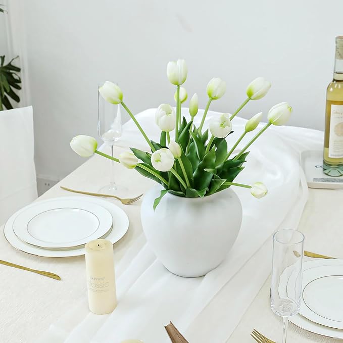 20PCS White Fake Tulips Artificial Flowers Real Touch Latex Faux Tulips UV Resistant Fake Flowers Bouquet for Table Home Decor Party Wedding Garden Decoration
