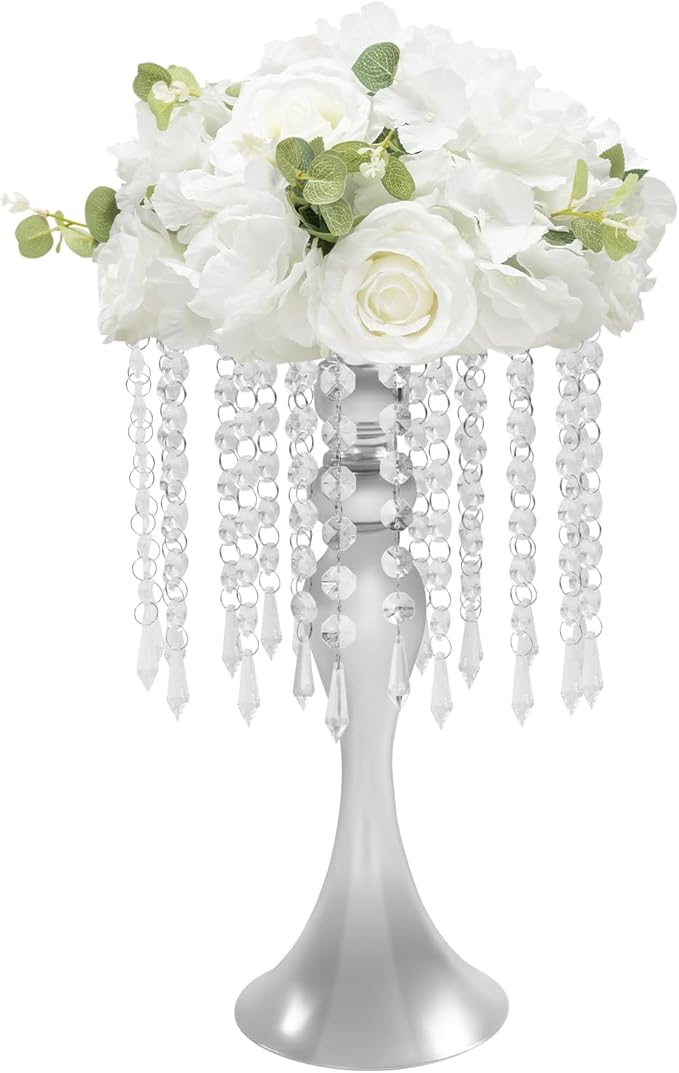 Flower Stand Vase, 10 Pcs Glam Crystal Wedding Reception Decorations with Sparkling Beads Table Center Display Flower Arrangement Flower Stand Metal Vase for Event Party Decor (Silver, H:13.78in)