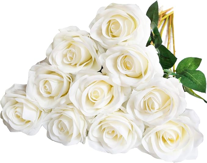DuHouse 10pcs Fake Roses Artificial Silk Flowers Faux Rose Flower Long Stems Bouquet for Arrangement Wedding Centerpiece Party Home Kitchen Decor(Ivory-White Long Stem)