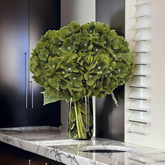 2Bouquets Artificial Fake Flowers Plants Silk Hydrangea Arrangements Wedding Bouquets Decorations Plastic Floral Home Kitchen Garden Party Festival Bar DIY(Olive Green,5 Flower Heads)