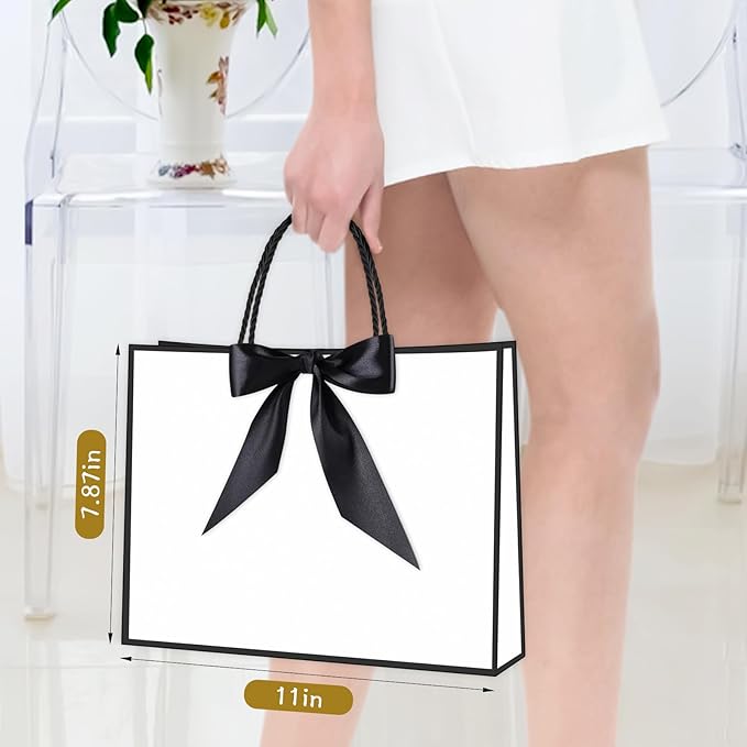 JMANNI Gift Bag, Medium Gift Bags with Tissue Paper, 2Pcs Gift Bags Medium Size with Handle and Bow Ribbon for Any Birthday, Weddings, Mothers Day & Special Occasion 11''x7.87''x4'' (Black-White)
