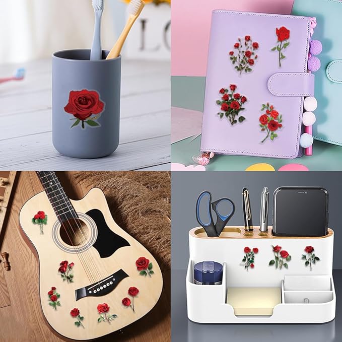 50PCS Red Rose Stickers, Vintage Aesthetic Transparent PET Decals, Waterproof Floral Stickers for Scrapbook, Journal, Water Bottles, Phone Cases, Laptops, DIY Crafts & Gift Deco