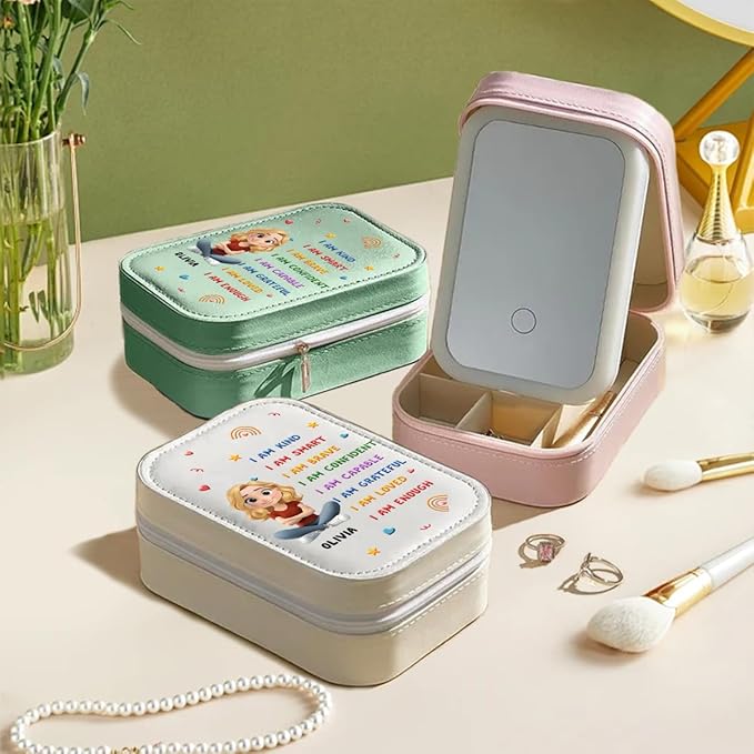 Wrappiness Girls & Women Lovely Makeup Box With LED Mirror - Personalized Jewelry Box Organizer Portable Ideal for Travel, Gift for Daughters Sisters Friends (Kind Smart Loved, Women)
