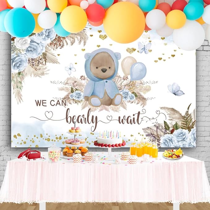 We Can Bearly Wait Backdrop for Boy's Boho Baby Shower Party Decorations 10x8ft Blue Floral Bohemian Pampas Grass Lovely Bear Baby Shower Decorations Banner Photography Background