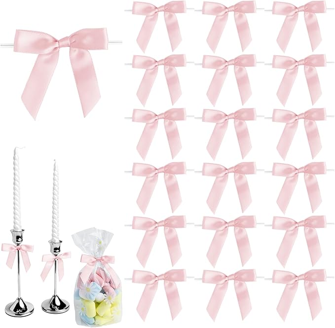 50 PCS Pink Twist Tie Bows 2.5" Satin Ribbon Bows Decor for Gift Wrapping Craft Treat Bags Cake Pop Basket, Wedding Baby Shower Birthday Party Favors