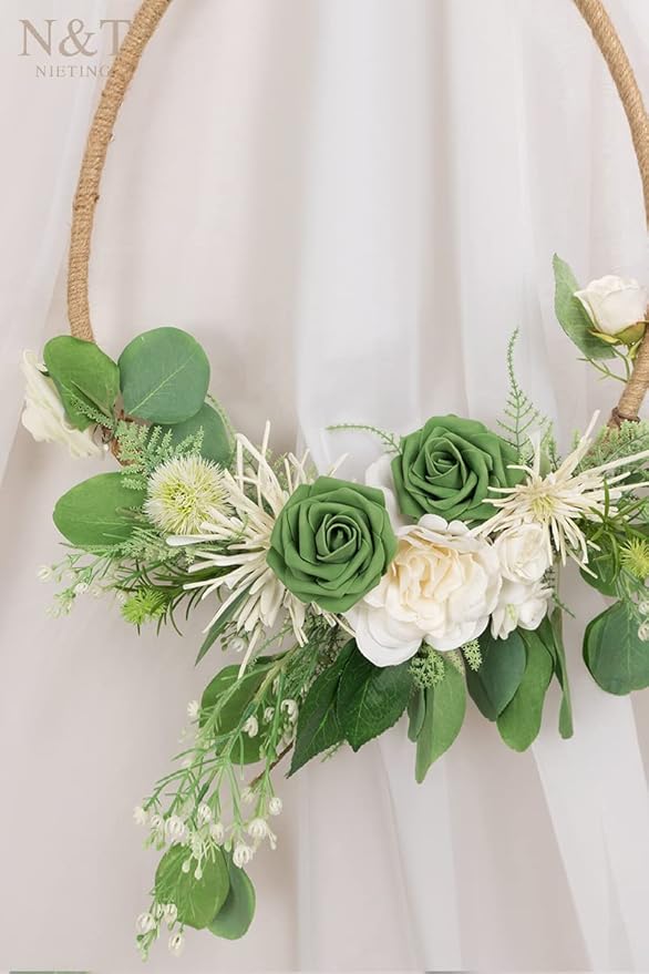 N&T NIETING Artificial Flowers Roses Army Green Foam Rose 50pcs Fake Flowers with Stem for DIY Wedding Bouquets Centerpieces Bridal Baby Shower Party Home Shower Arrangement Decoration