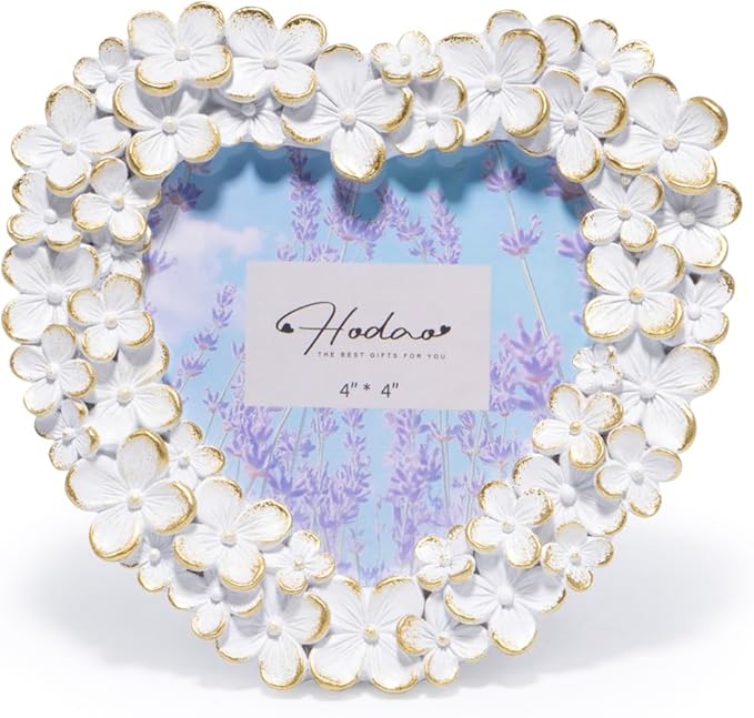 Hodao 4x4 Inch 3D Floral Heart Shaped Frame - Hand-Crafted Resin Picture Frame with White & Gold Accents for Wedding, Valentine’s Day & Romantic Home Decor (White Gold-Heart)