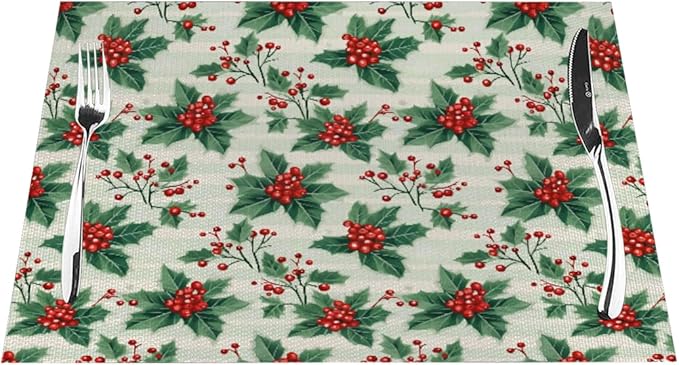 PVC Placemats Set of 6 Wipeable Table Mats Washable Heat Resistant Non Slip Vinyl Dining Table Mat for Kitchen Indoor Outdoor Patio Farmhouse Place Mats Christmas Red Berry Decorative
