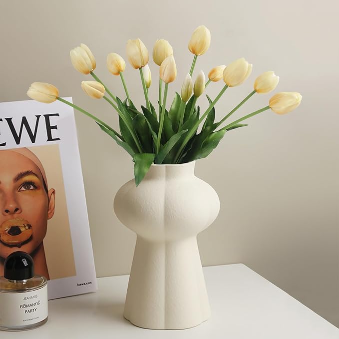 15 Pcs Off White Artificial Flowers Tulips Real Touch Latex Plastic Soft Faux Bouquets for Party, Wedding, Home, Room, Garden Decor